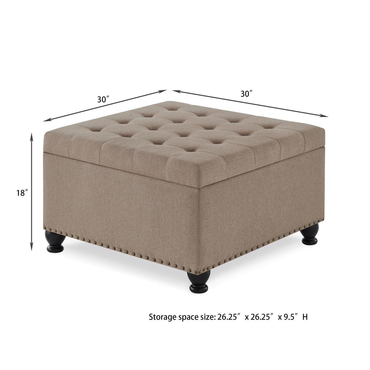 ACQCA Large Square Storage Ottoman with Wooden Legs, Upholstered Button Tufted Coffee Table with Nail Trims for for Living Space,Linen ACQCA