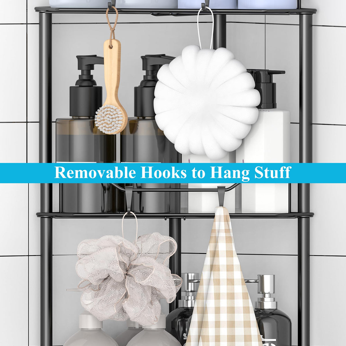 HuggieGems 4 Tier Floor Standing Corner Shower Caddy Organizer Shelf with Hooks, Bathroom Shelves Stand Rack, Black HuggieGems
