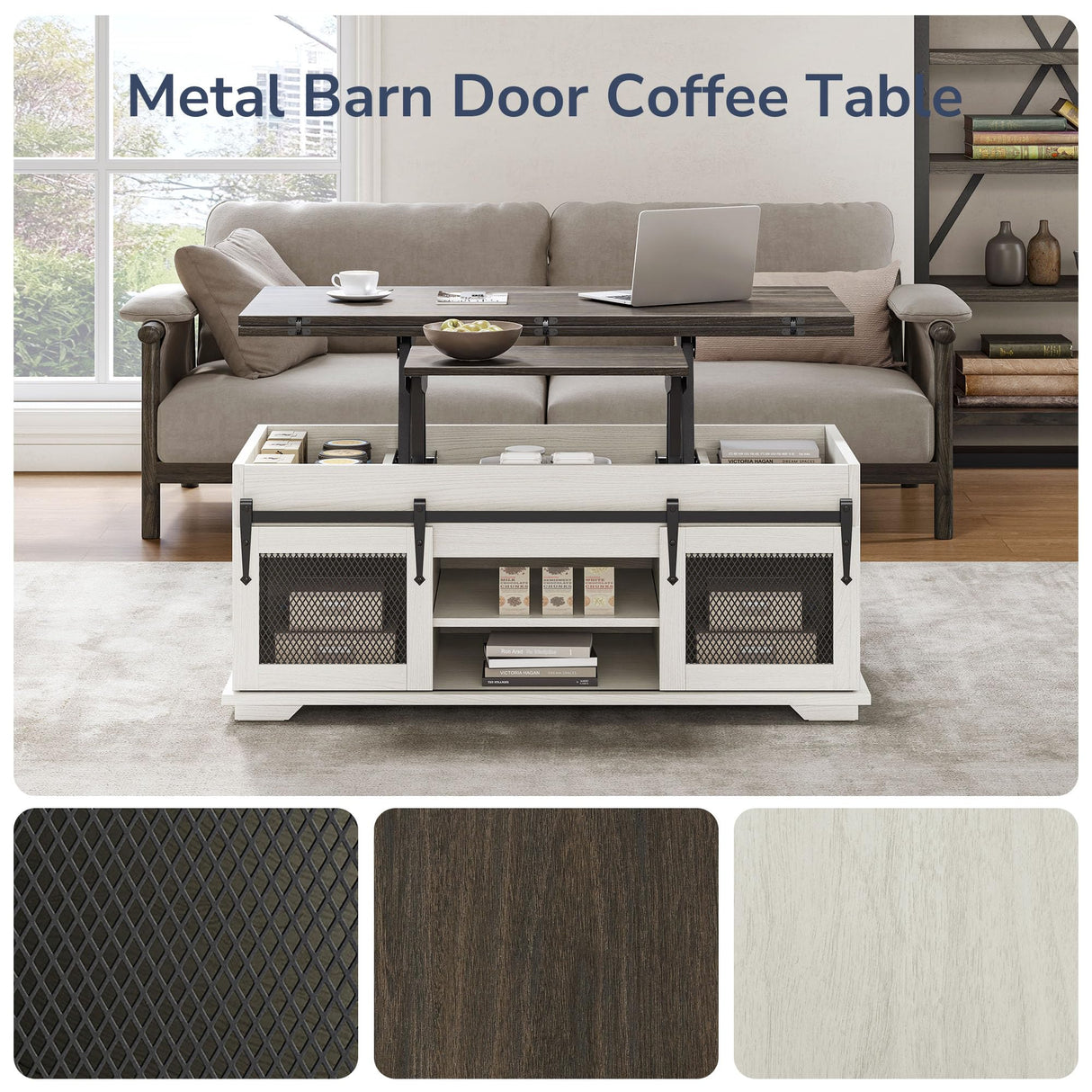 BELLEZE Lift Top Coffee Table, 44" Farmhouse Coffee Table with Storage & Sliding Barn Doors, 3 in 1 Multi-Function Coffee Table for Living Room, Dining Reception Room, Lawson - White Sand BELLEZE
