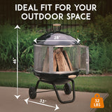 Fire Sense 01471 Fire Pit Bessemer Rolling Patio Fireplace Wooden Bonfire Porcelain Enamel Wood Burning with Wheels & Handle Grip for Outdoor Entertaining - Black & Silver - 28" Fire Sense