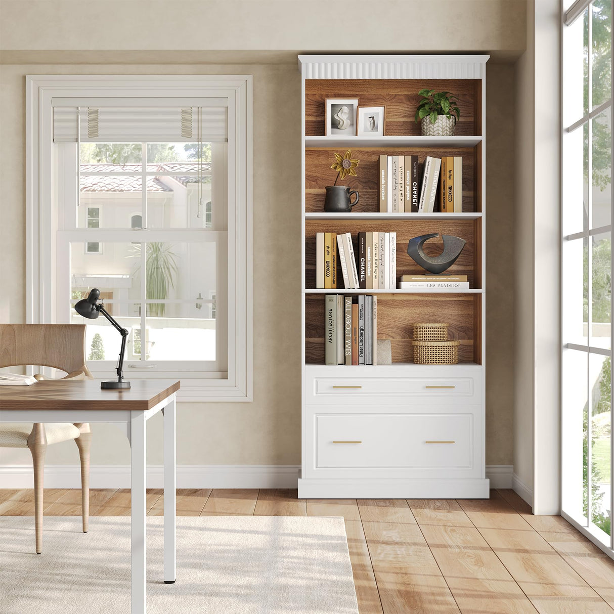 LITTLE TREE 72-Inch Tall White Bookcase, 5-Tier Wooden Open Display Bookshelf with 2 Drawers fits Letter, Legal, A4 Size, Modern Floor Standing Storage Organizer for Home Office & Living Room,Bedroom LITTLE TREE