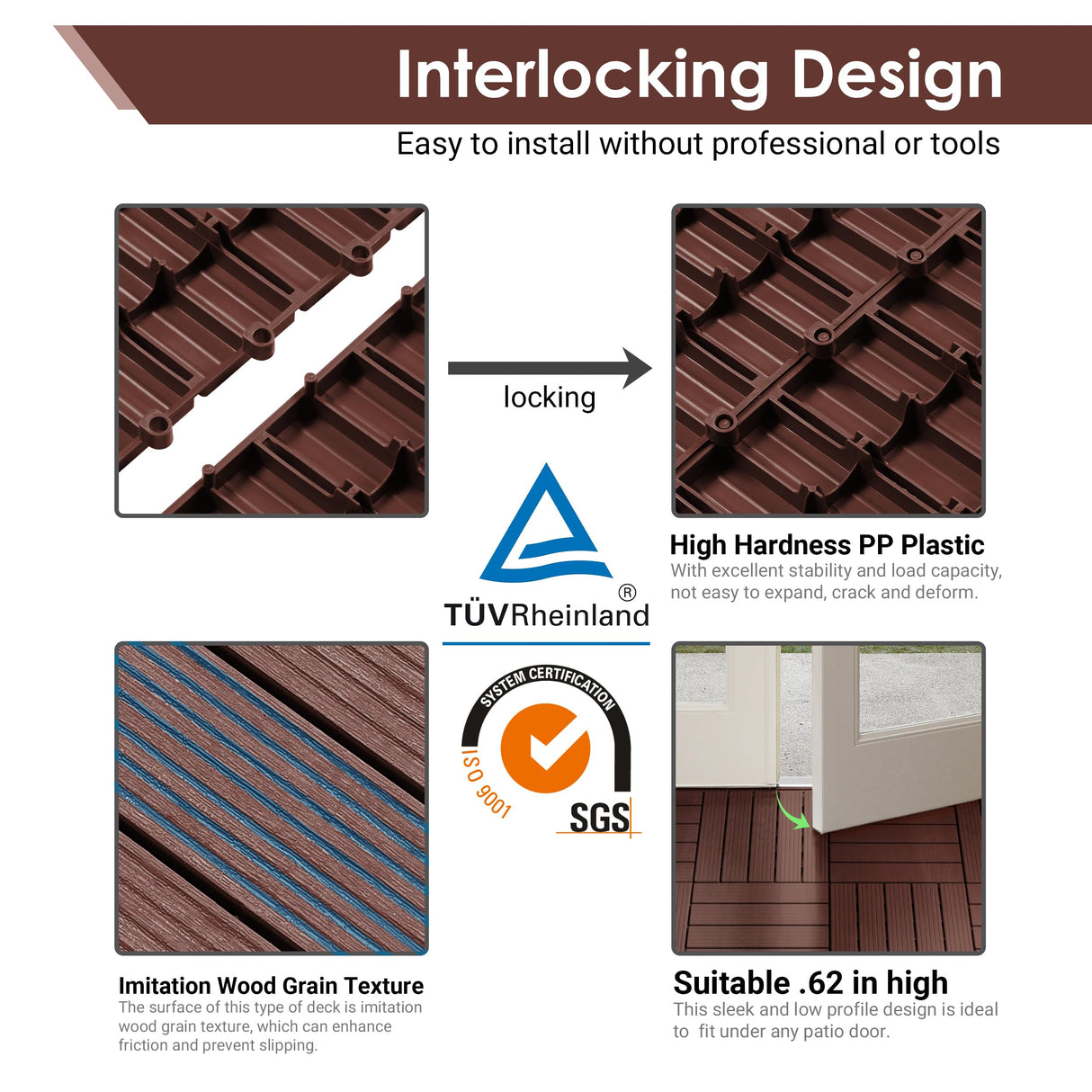 PrimeZone 162 PCS Plastic Interlocking Patio Deck Tiles - 12" x 12" Waterproof Indoor Outdoor Flooring, Patio Floor Decking for Balcony, Backyard, Garden & Poolside, All Weather Use, Dark Brown PrimeZone
