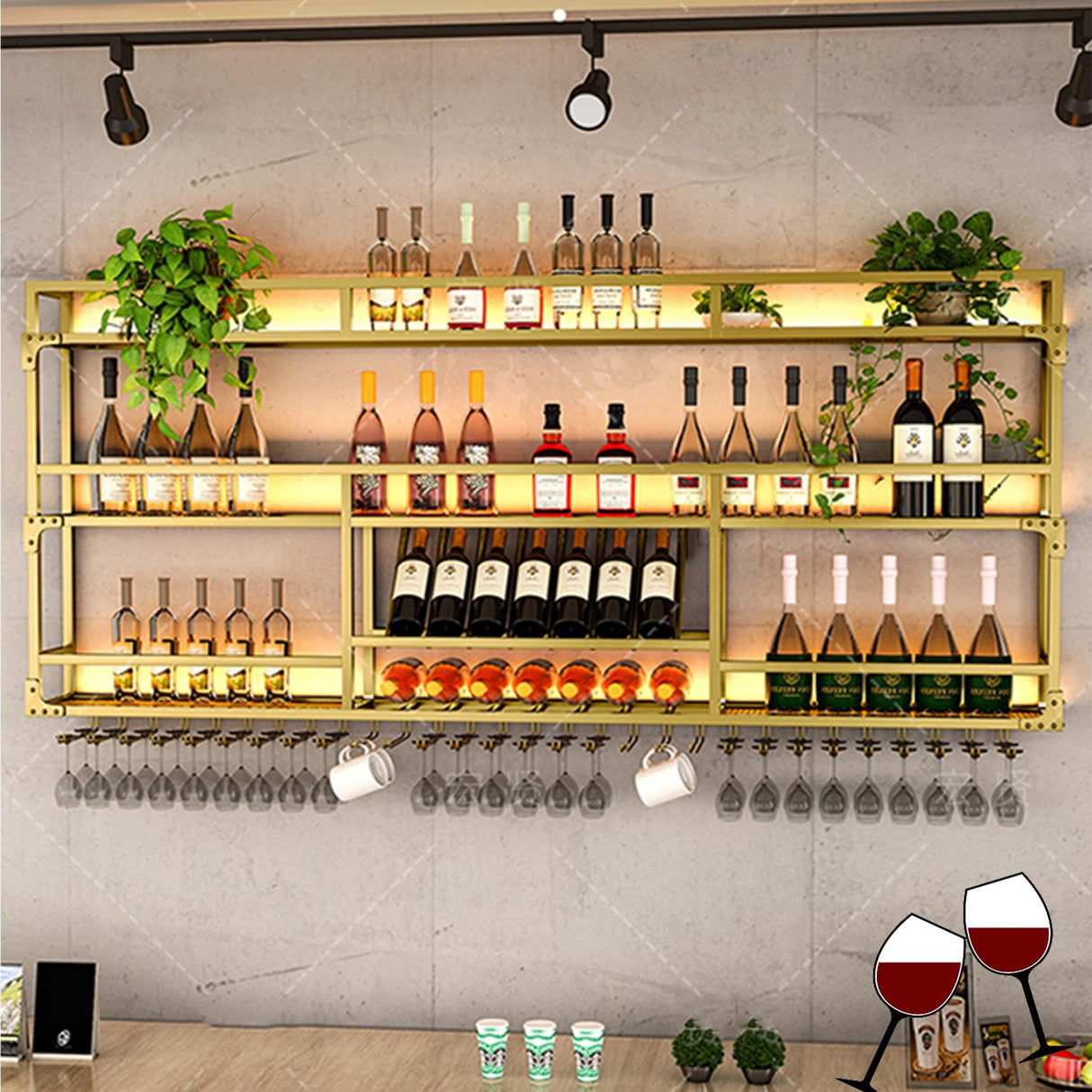 Wine Rack Wall Mounted Bar Shelves with Hanging Wine Glass Rack Liquor Bottle Display Shelf with LED Light Floating Bar Shelves Whiskey Shelf Kitchen Wall Cabinet for Home Bar Dining Room Cafe(Color:G JOSIAHCQ