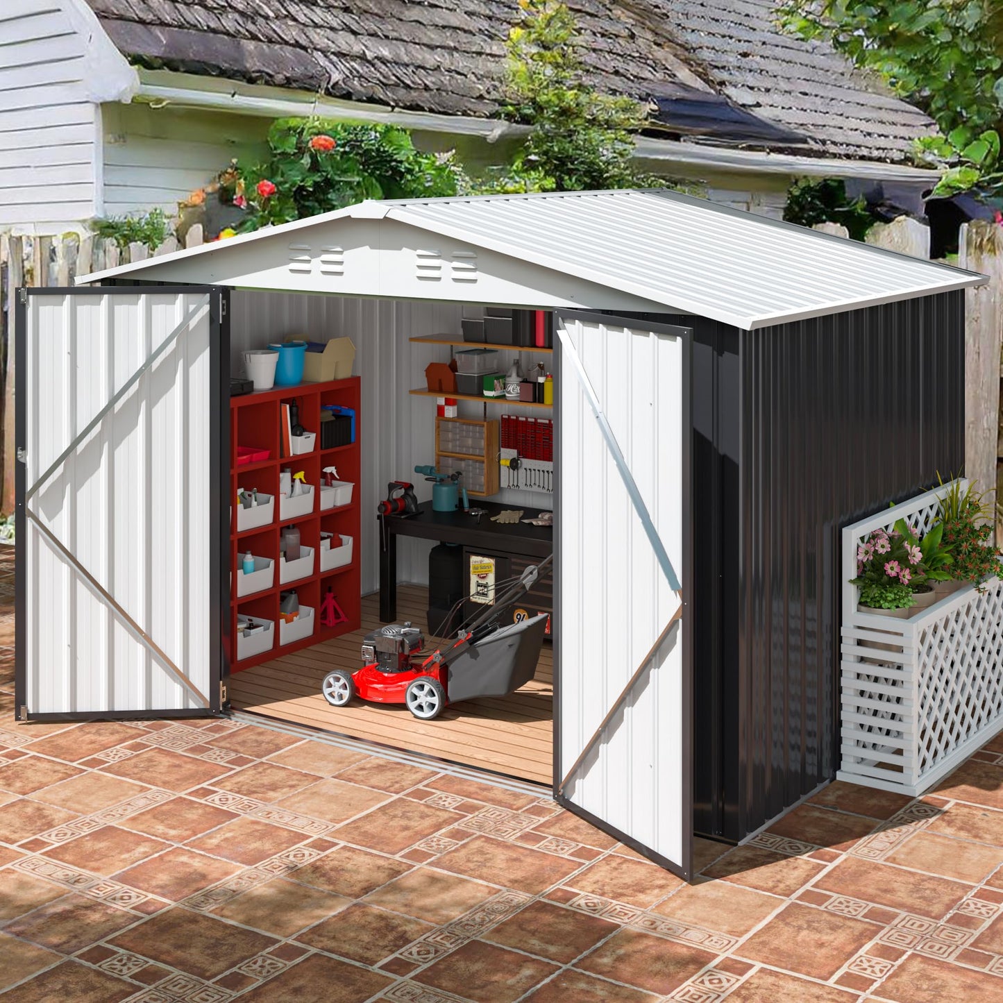 AirWire 6x8 FT Outdoor Storage Shed, Garden Shed with Updated Frame Structure and Lockable Doors, Metal Tool Sheds for Backyard Garden Patio Lawn, Grey - WoodArtSupply