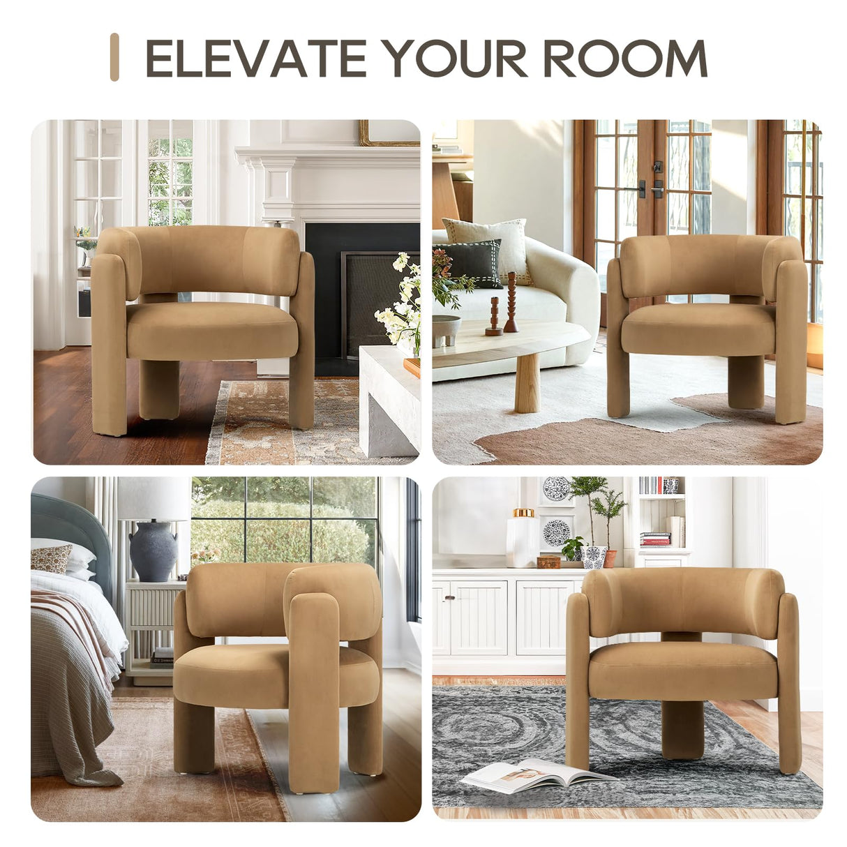 COLAMY Modern Velvet Accent Chairs Set of 2, Upholstered Barrel Chairs, Comfy Side Arm Chairs with 3 Legs for Living Room, Bedroom, Reading, Khaki COLAMY