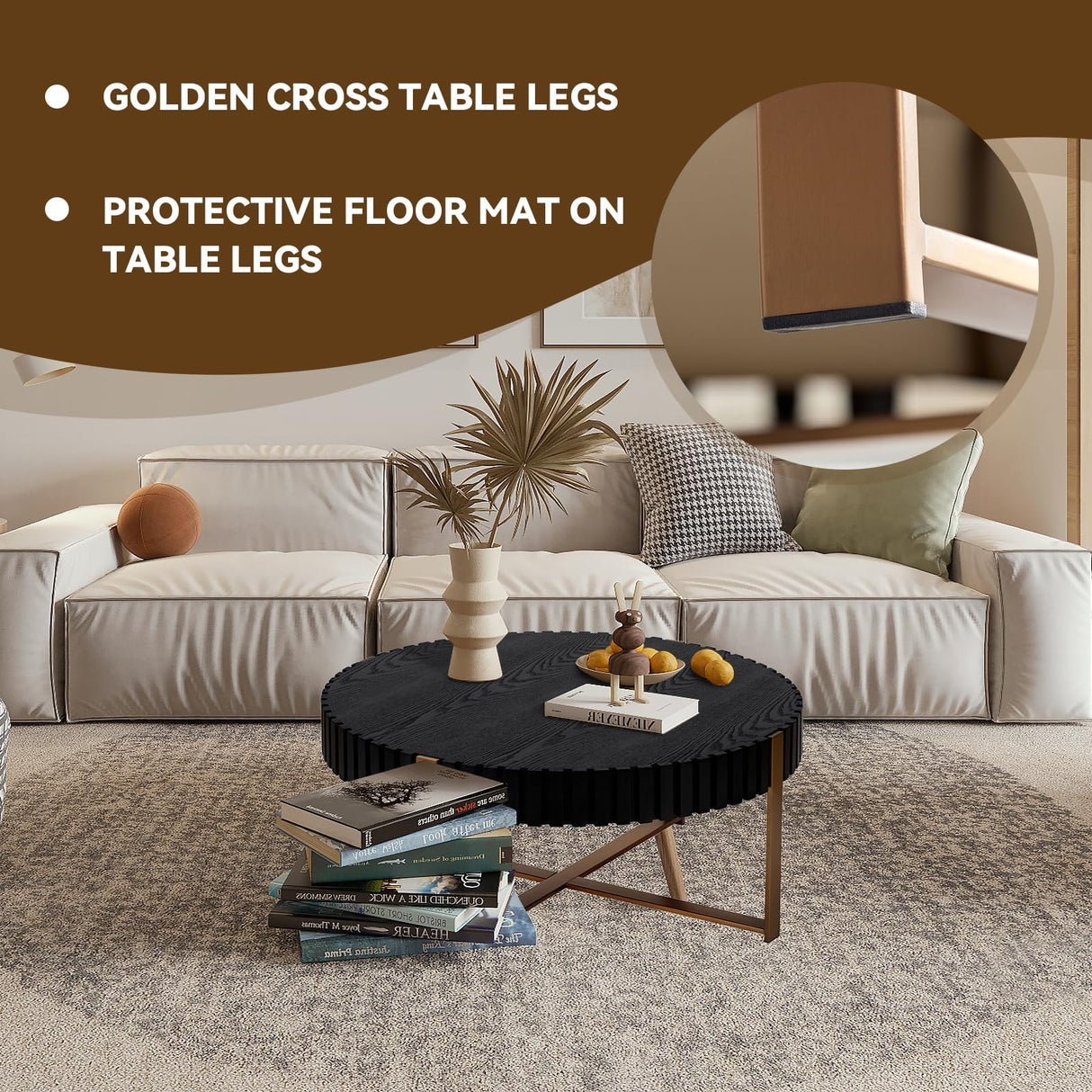 LKTART 31.5'' Round Coffee Table Modern Solid Wood Handcraft Drum Wooden Felief Coffee Table Stainless Steel Legs Sturdy Pedestal Tea Table for Living Room Apartment Small Space,Black LKTART