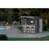 Suncast 8' x 7' Cabana Entertainment Storage Shed, All-Weather Outdoor Backyard Shelter with 2 Windows and Fold-Down Bar Top, Gray Suncast