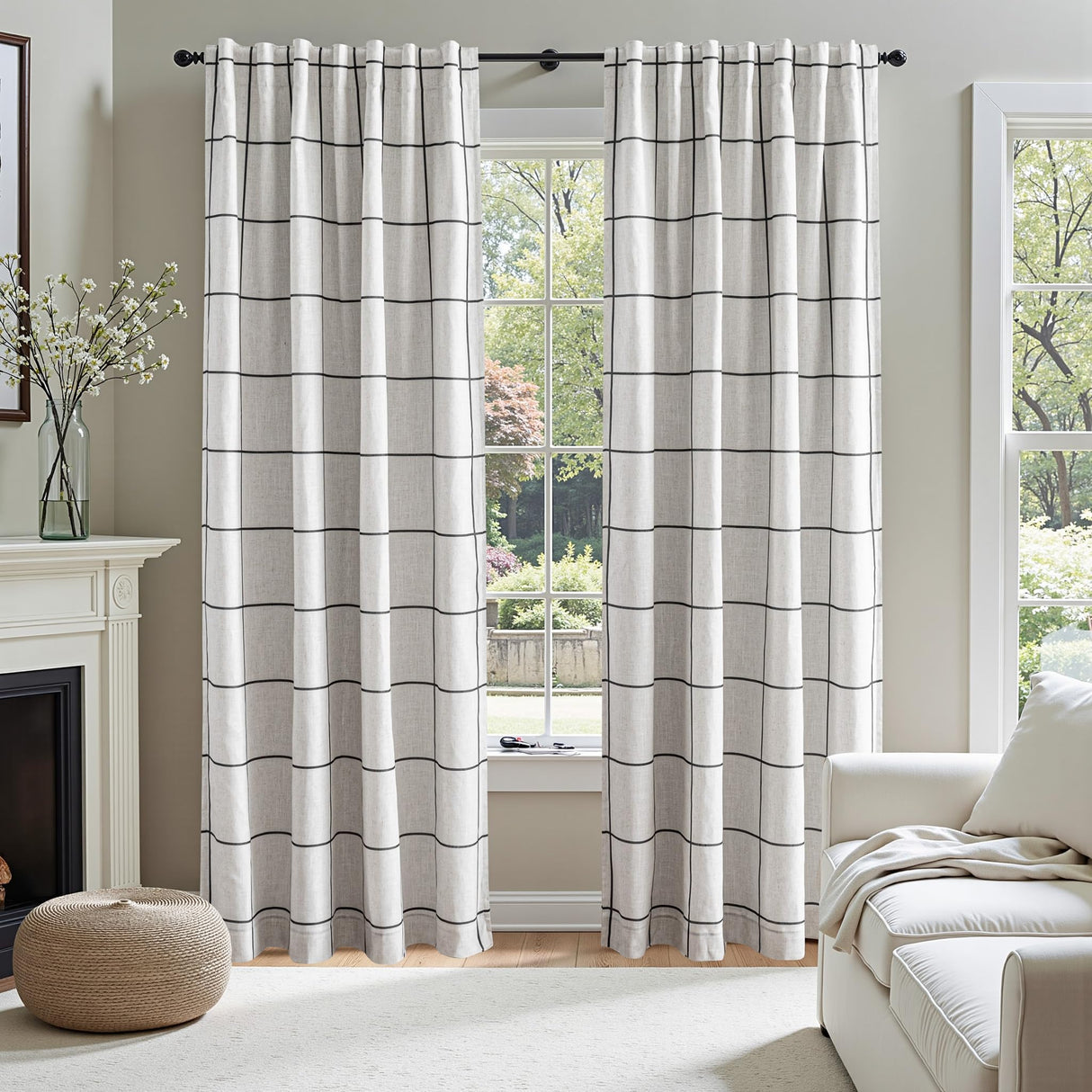 MYSKY HOME 100% Blackout Plaid Farmhouse Linen Curtains 84 Inch Long for Living Room Double Layer Windowpane Drapes Thermal Insulated Privacy Protection Rod Pocket Back Tab, 52" W, Black, 1 Panel MYSKY HOME