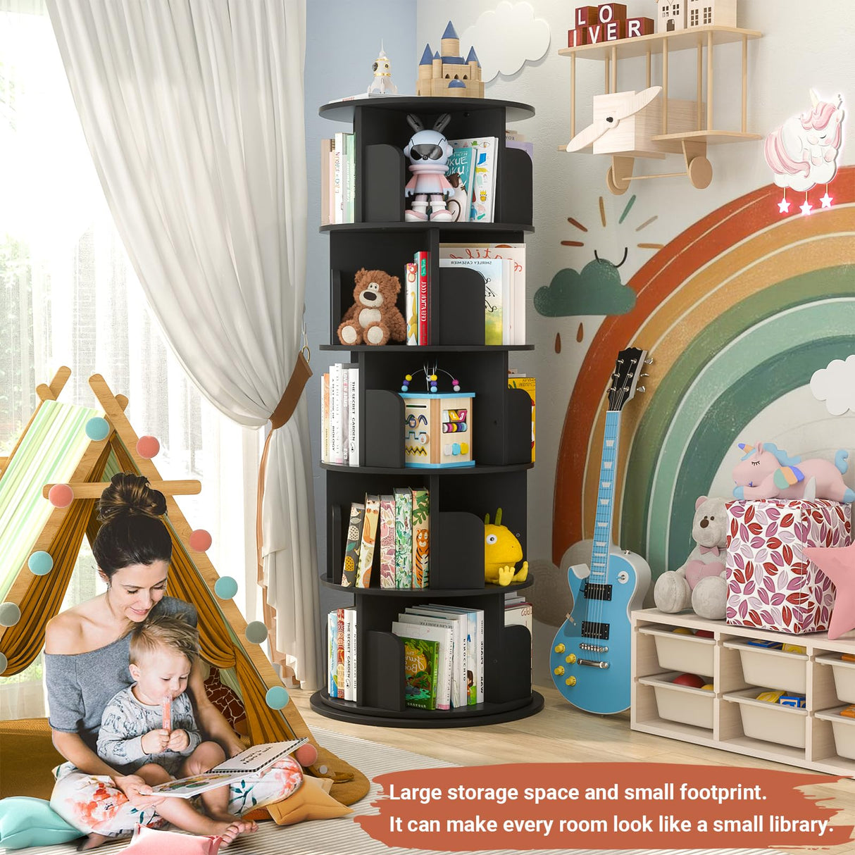 Besiost Rotating Bookshelf Tower, 5 Tier Spinning Bookcase, Revolving 360 Book Shelf Narrow Tall Bookcase, Vertical Turning Round Bookshelf Organizer, Wood Corner Book Shelf for Small Space, Black Besiost