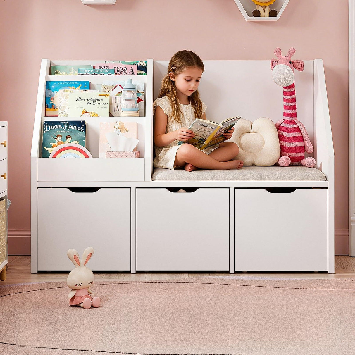 40" Kids Reading Nook with Bench, Toy Storage Organizer and Bookshelf with Seat Cushion, Kids Bookshelf with 3 Movable Drawers, Toy Storage Box on Wheels, Ideal for Nursery, Playroom, Bedroom, White Teckid