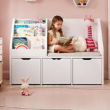 40" Kids Reading Nook with Bench, Toy Storage Organizer and Bookshelf with Seat Cushion, Kids Bookshelf with 3 Movable Drawers, Toy Storage Box on Wheels, Ideal for Nursery, Playroom, Bedroom, White Teckid