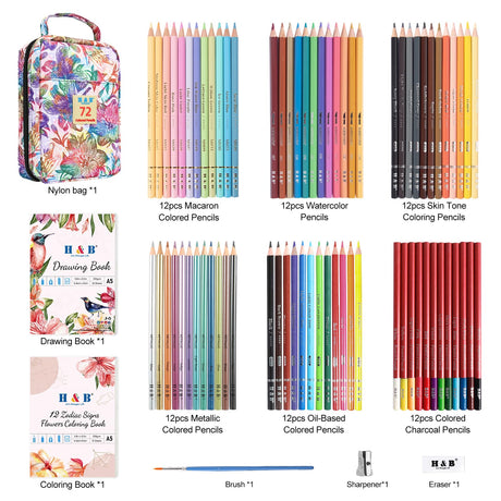 H & B Art Supplies, 72 Pack Drawing Supplies for Adults, Color Kit with Drawing Book, Coloring Book, Watercolor, Metallic Charcoal Macaron Oil-Based Coloured Pencils for Artists H & B