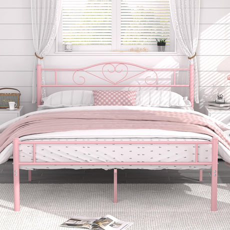 VECELO 14 Inch Queen Size Metal Platform Bed Frame with Headboard and Footboard, Heavy Duty Mattress Foundation with Steel Slats Support, No Box Spring Needed, Pink VECELO