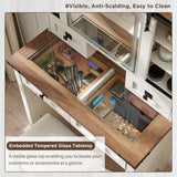 T4TREAM Farmhouse Makeup Vanity Desk with Sliding Mirror and Lights, 31.2'' Glass Tabletop White Vanity Table with 2 Drawers & Shelves, Rustic Vanity Set for Bedroom, Stool Included, Antique White T4TREAM