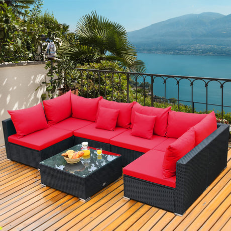 Tangkula 7 Piece Patio Furniture Set, Outdoor Sectional Sofa w/Pillows and Cushions, Wicker Sofa Conversation Set with Coffee Table, Patio Sofa and Tea Table Set for Garden, Lawn (Red) Tangkula