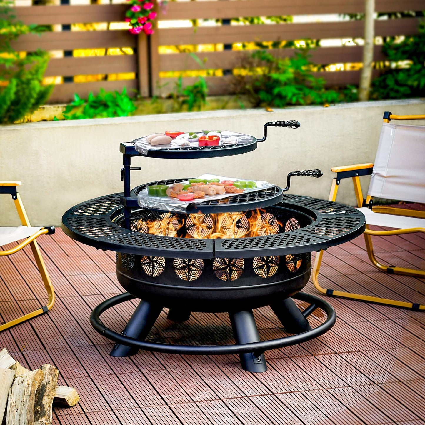 36 Inch Fire Pit with 2 Cooking Grills,Outdoor Wood Burning BBQ Firepit with Lid, 3-in-1 Outdoor Fire Pit for Backyard Deck Bonfire Patio Picnic