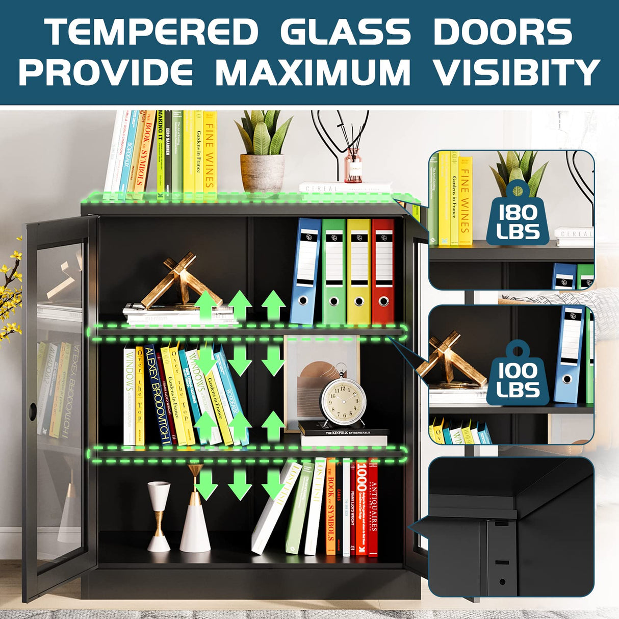 MIIIKO Metal Storage Cabinet with Glass Doors, Counter High Display Cabinet with 2 Adjustable Shelves and Tempered Glass Doors, Locking Small Display Cabinet… MIIIKO