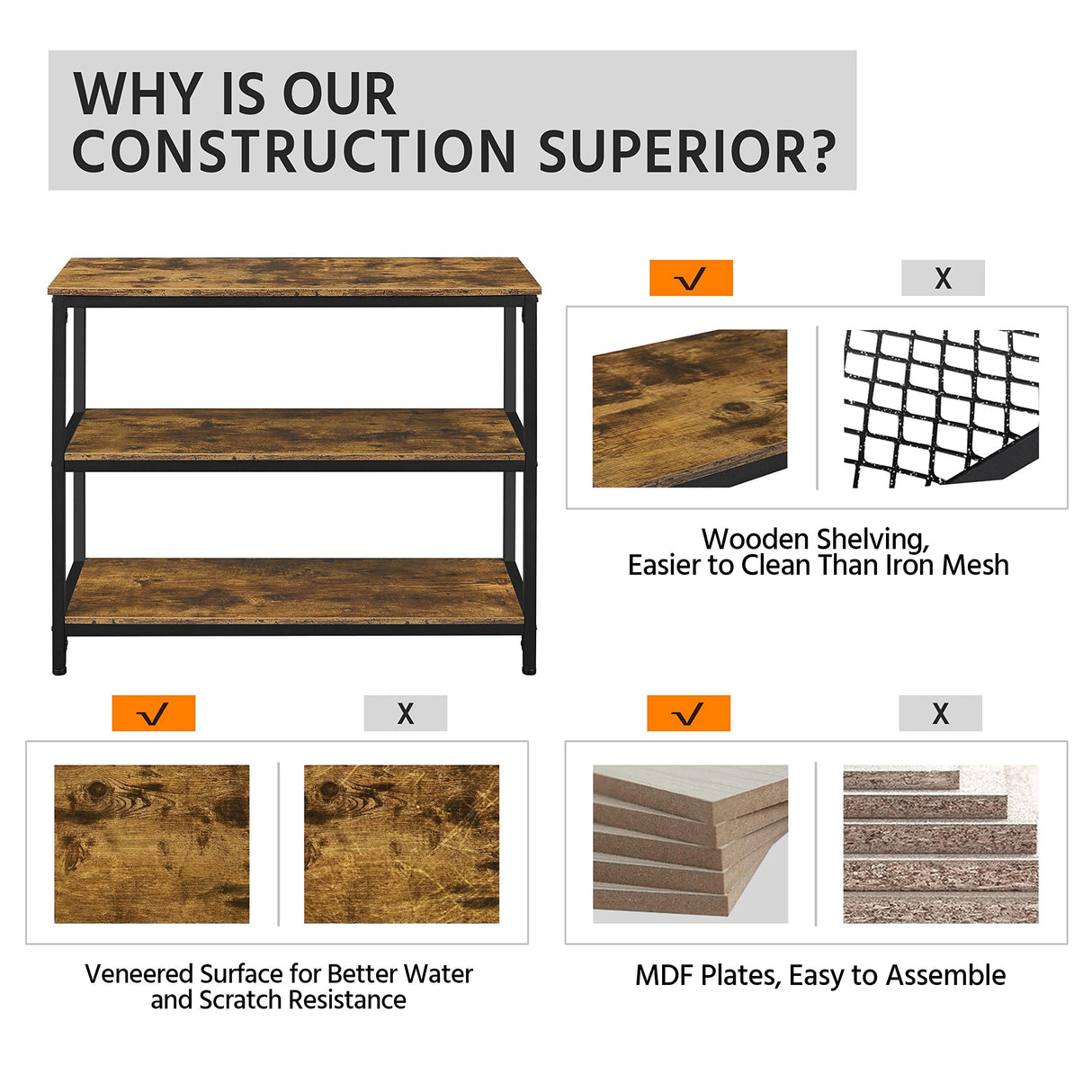 Yaheetech Industrial Console Table, 3 Tier Entryway Table with Storage Shelves, Narrow Sofa Table for Living Room, Foyer, Hallway, Entrance, Metal Frame, Rustic Brown Yaheetech