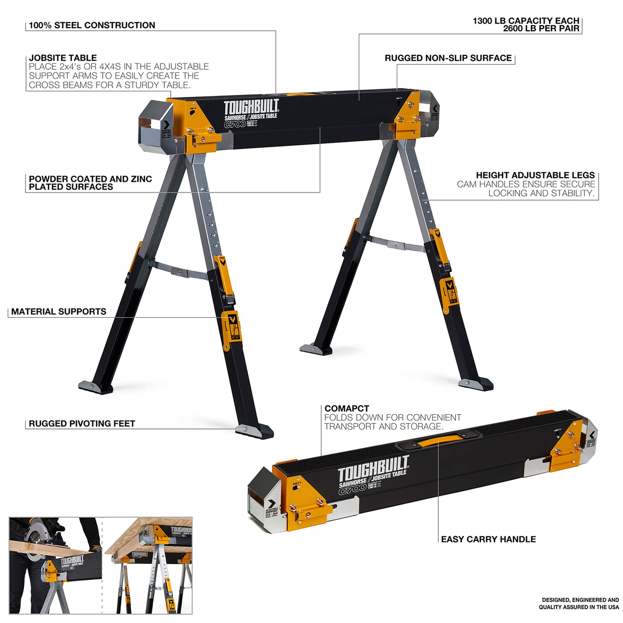 ToughBuilt - Folding Sawhorse - Sturdy, Durable, Lightweight, Heavy-Duty, 100% High Grade Steel - Adjustable up to 4x4 Size Support Arms - 1300 LB Capacity - (TB-C700) - 2 Pack ToughBuilt
