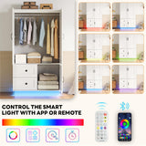 LIKIMIO Farmhouse Wardrobe Closet with Doors, 70" Bedroom Armoires with LED Lights and Hanging Rod, Wooden Large Wardrobe Cabinet with 2 Drawers and 1 Cabinet, Classic White LIKIMIO