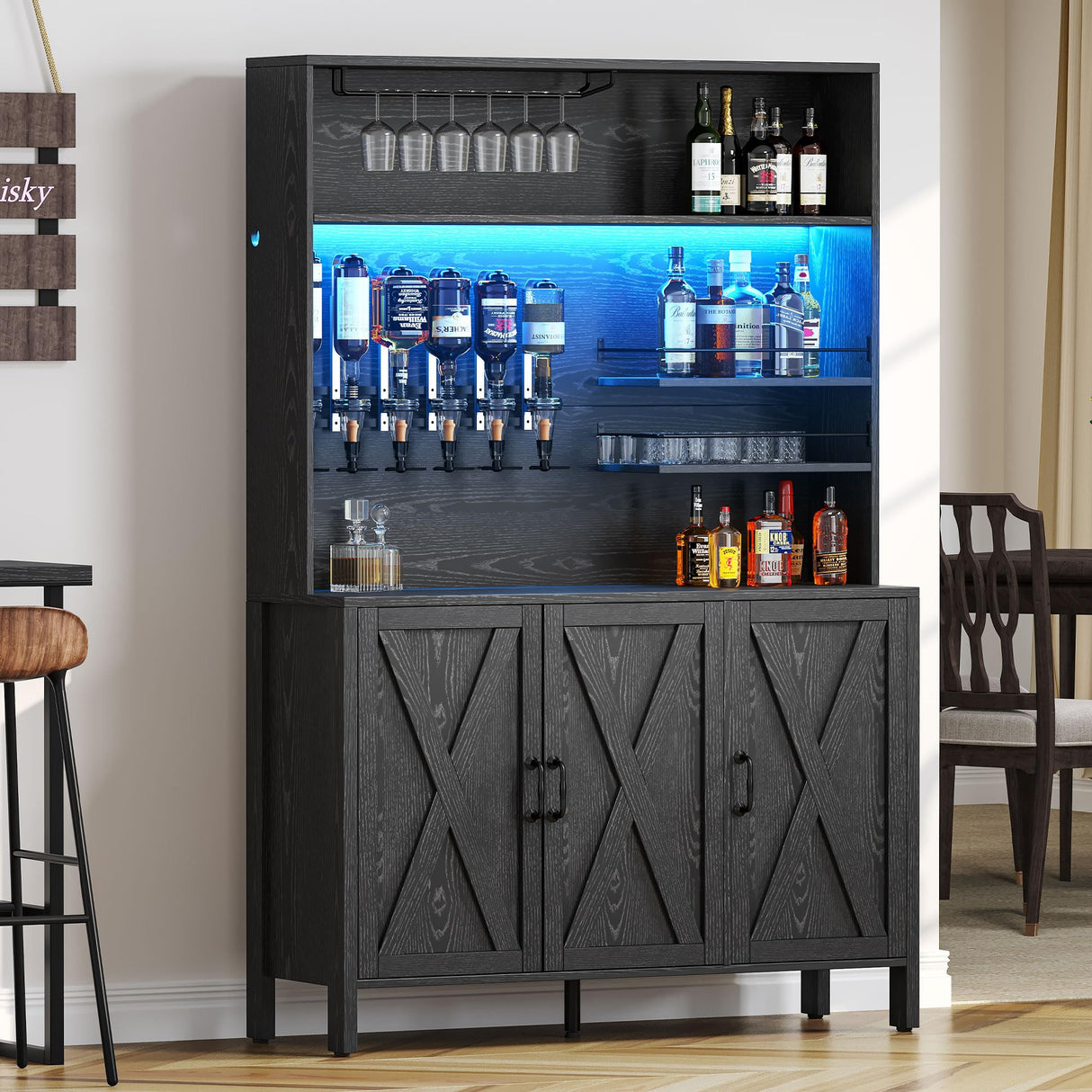 DWVO Tall Liquor Cabinets with LED Light, 71" Wine Liquor Bar Cabinet w/ 6-Bottle Liquor Dispenser & Wine Rack, Farmhouse Kitchen Cabinet for Dining Room, Black DWVO