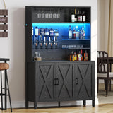 DWVO Tall Liquor Cabinets with LED Light, 71" Wine Liquor Bar Cabinet w/ 6-Bottle Liquor Dispenser & Wine Rack, Farmhouse Kitchen Cabinet for Dining Room, Black DWVO