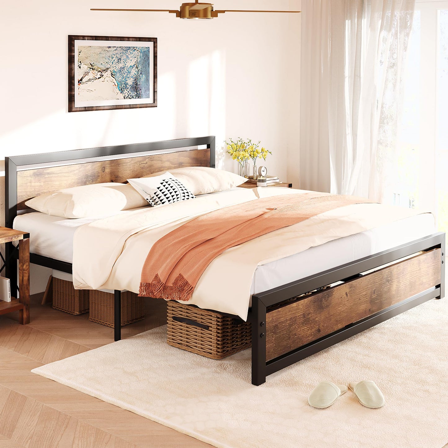 IDEALHOUSE Retro Brown Queen Size Bed Frame with Wooden Headboard and Footboard, No Box Spring Required - WoodArtSupply