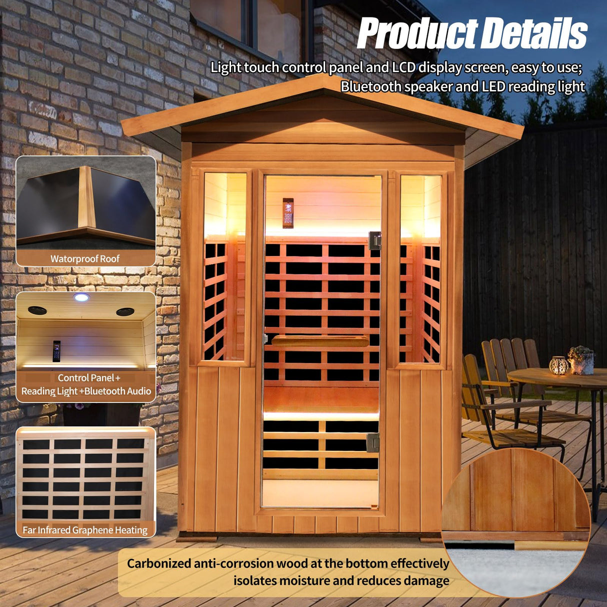 Outdoor Sauna 2 Person Sauna Outdoor Infrared Sauna 2-Person for Home 1800w Outdoor Saunas for Home Canadian Hemlock and Red Cedar Wood Sauna Outdoor Two Person Far Infrared Sauna Low EMF for Backyard RIGO
