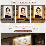 GlasFlength Farmhouse Makeup Vanity Desk with Mirror & Light, 40'' Glass Tabletop Vanity Table with 2 Drawers & Hidden Jewelry Cabinet, Rustic Big Vanity Charging Station Set, Stool Included, Bedroom GlasFlength