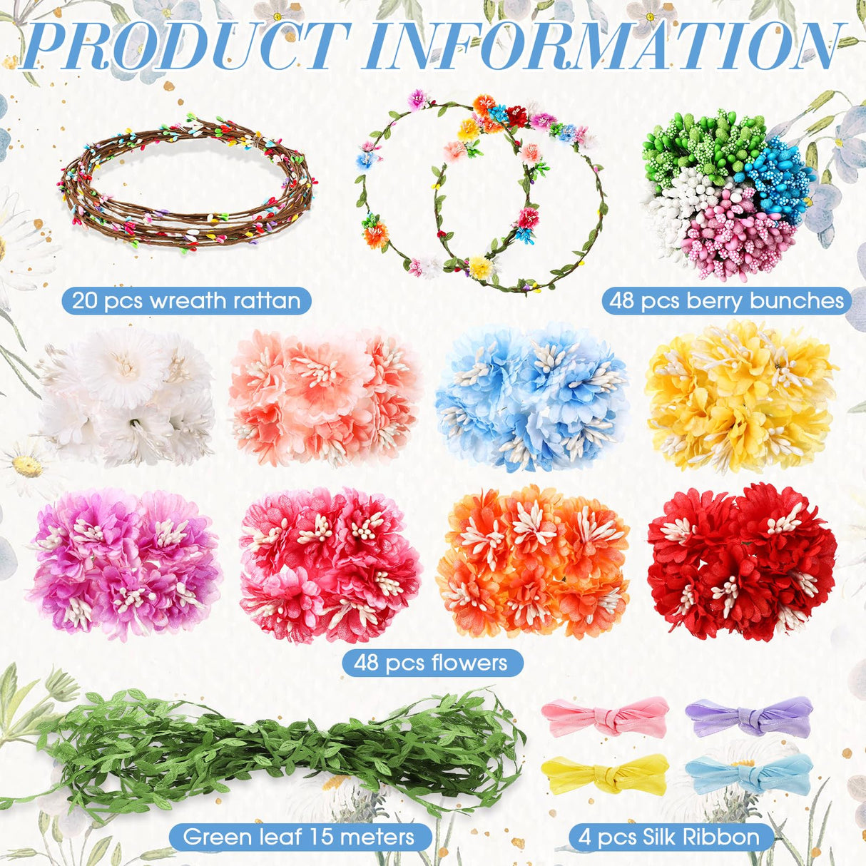 Zeyune 20 Sets Flower Crowns Making Kit, Make Your Own Flower Crown Wreath Garland Headbands Craft Kit Handmade DIY Fairy Floral Hair Accessories Gift for Girls/Teens/Women(Carnation) Zeyune