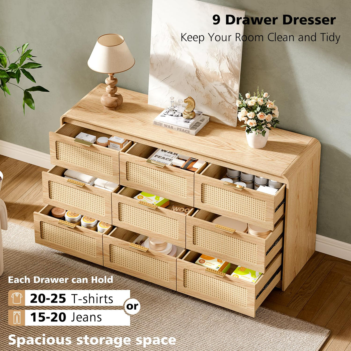 Ieejdn Mid Century Modern Dresser,Rattan 9 Drawers Dresser for Bedroom, 59" Wide Wood Dressers & Chests of Drawers/Curved Profile Design, Natural Texture for Bedroom, Living Room, Warm Wood