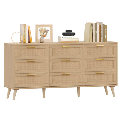 Rovaurx 9 Drawer Double Dresser for Bedroom, Rattan Chest of Dressers, Modern Wooden Dresser Chest with Golden Handles, Beside Table for Closet, Living Room and Entryway, Natural RDG002M