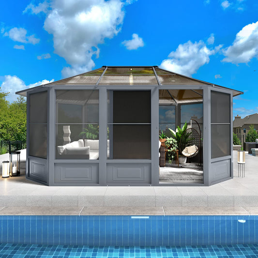 EROMMY 12' x 15' Sunroom, Solarium Gazebo with Aluminum Frame and Polycarbonate Roof, Outdoor Permanent Sun Room with Moveable PVC Screen and Sliding Door for Garden, Patio, Deck, Lawns - WoodArtSupply