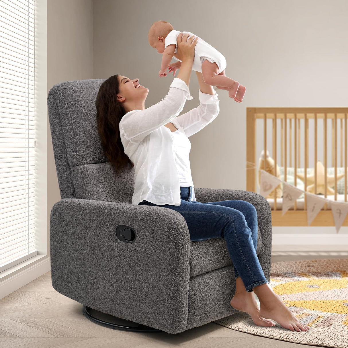 Jocisland Swivel Glider Rocking Recliner Chair for Adults, Nursery Rocker Reclining, Comfy Upholstered Single Sofa Armchair for Living Room Bedroom Nursing, Teddy Gray Jocisland