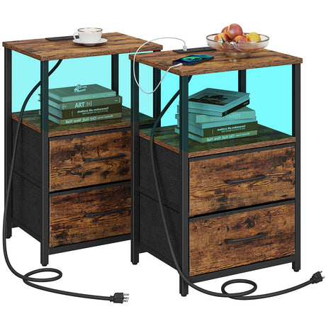 TUTOTAK LED End Table with Charging Station, Nightstand with Cloth Drawer, Side Table with 1 USB Port and 1 Type-C Port, Set of 2, Couch Table, Brown TB01BB052L TUTOTAK