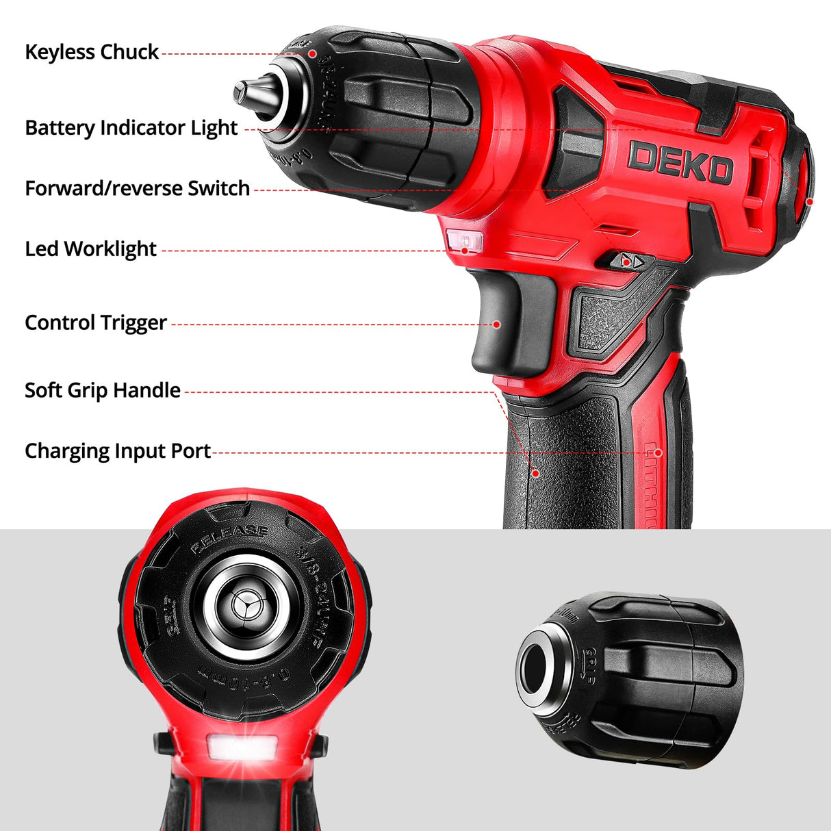 DEKOPRO Drill Set: Tool Set with 8V Red Cordless Drill, Home Tool Kit with Drill, Hand Tool Kits for Women 126 Piece DEKOPRO