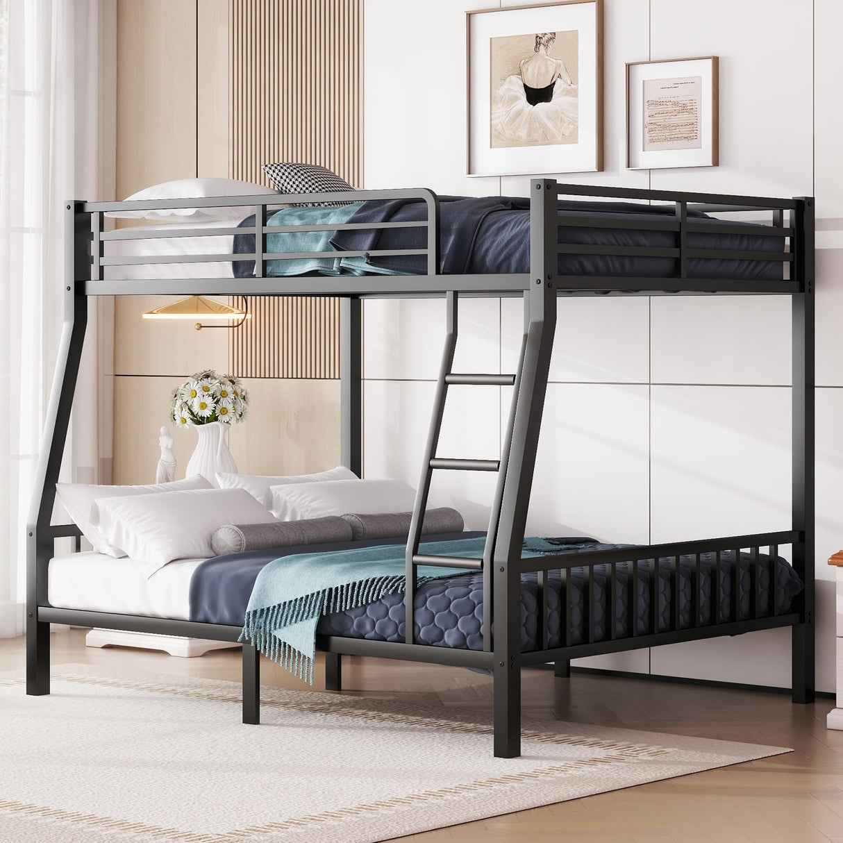 mikibama Full XL Over Queen Bunk,Metal Heavy Duty Bunk Beds for Adults,Queen Bunk Bed with Inclined Ladder,Industrial Bunkbeds for Kids,Adult,Small Spaces,Space Saving. (Black, Full XL Over Queen) mikibama