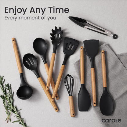 CAROTE Silicone Cooking Utensils Set for Nonstick Cookware, 446°F Heat Resistant Kitchen Utensil Set with Wooden Handle 10pcs, Spatula, Turner, Spoon, Tongs, Whisk