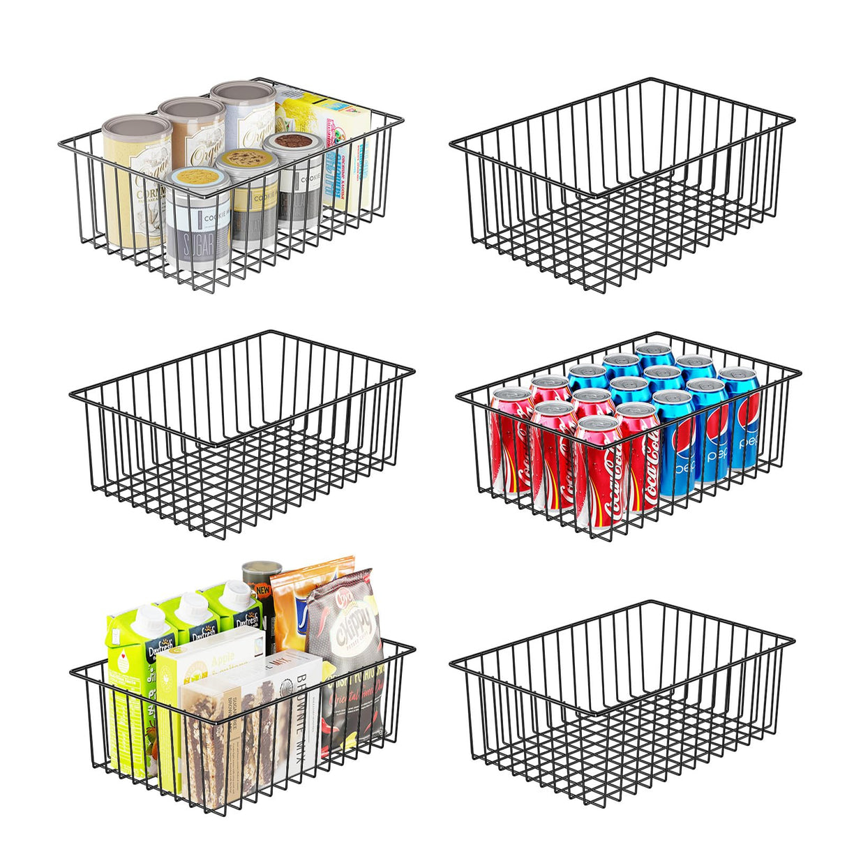 Simple Trending 6 Pack Large Wire Baskets for Organization, Metal Pantry Storage Baskets for Cabinet, Kitchen, Garage, Bathroom, Black Simple Trending