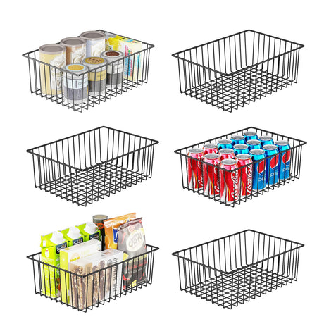 Simple Trending 6 Pack Large Wire Baskets for Organization, Metal Pantry Storage Baskets for Cabinet, Kitchen, Garage, Bathroom, Black Simple Trending