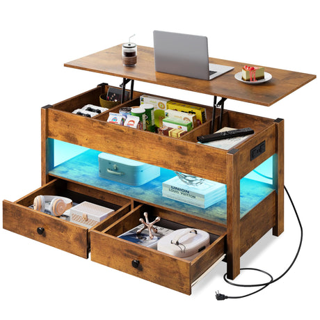 WLIVE Coffee Table, Lift Top Coffee Table with 2 Drawers, LED Light, Large Hidden Compartment and Open Shelf, Lift Tabletop, Dining Table for Living Room, Rustic Brown WLIVE