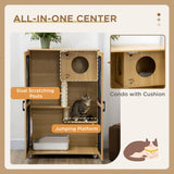 PawHut Cat House with Cat Tree Inside, Wheeled Kitty Cage for Indoor Cats with Scratching Posts, Condo, Flap Door, Cushion, Oak, 31.5" x 20" x 48.5" PawHut