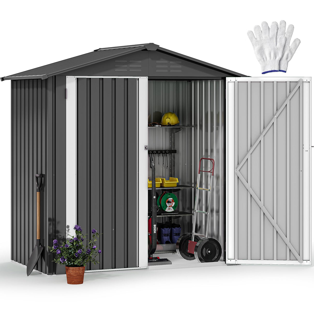 DWVO 6x4ft Outdoor Storage Shed, Weatherproof Tool Shed w/Locking Entry & Ventilation for Grass Cutter, Bike, Equipment, Courtyard, Garden (Dark Gray) DWVO