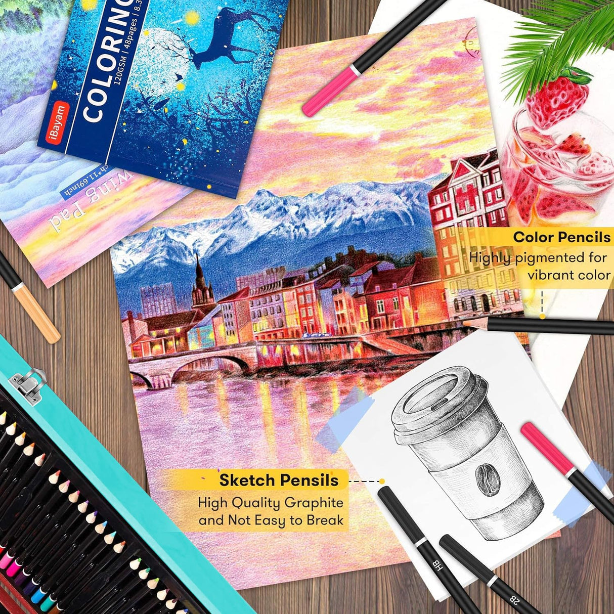 iBayam Art Supplies, 150-Pack Deluxe Wooden Art Set Crafts Drawing Painting Kit with 1 Coloring Book, 2 Sketch Pads, Creative Gift Box for Adults Artist Beginners Kids Girls Boys iBayam