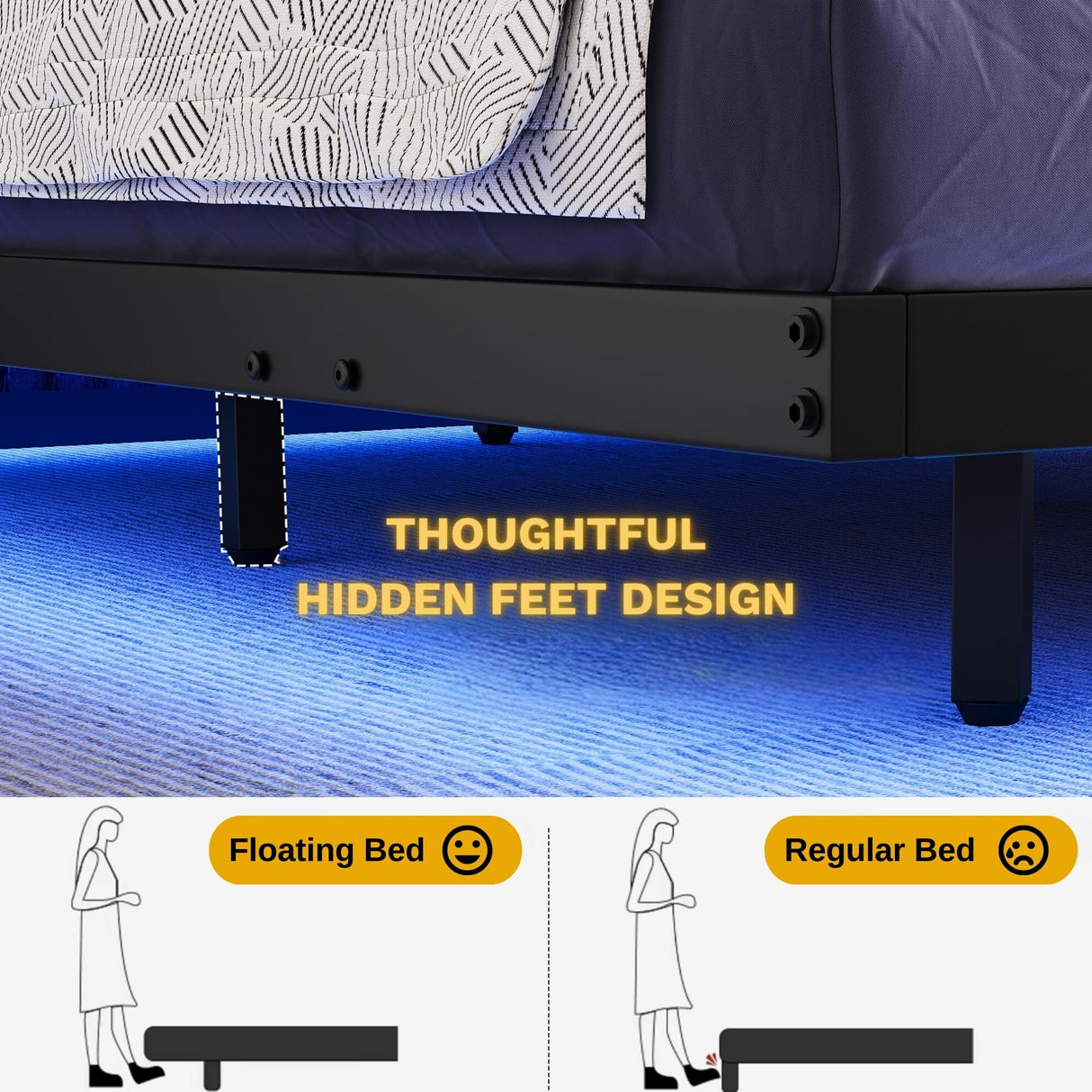 DWVO Queen Size Floating Bed Frame, LED Bed Frame with USB Port, Queen Metal Platform Bed with Heavy Duty Steel Slats, No Box Spring Needed, Easy Assembly, Black DWVO