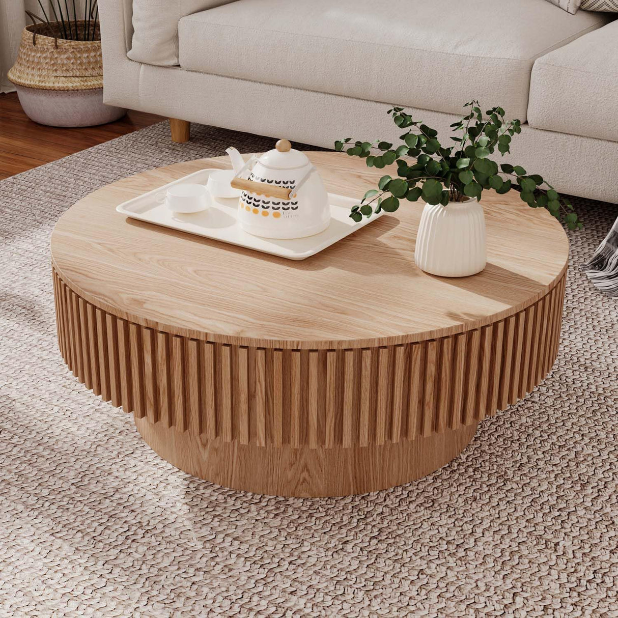 Round Coffee Table with Storage, Modern Wooden Coffee Table with Solid Wood Veneered, Circle Center Table Accent Tea Table for Living Room Apartment Small Space (31.5''L × 31.5''W × 14''H, Natural) FGXJY