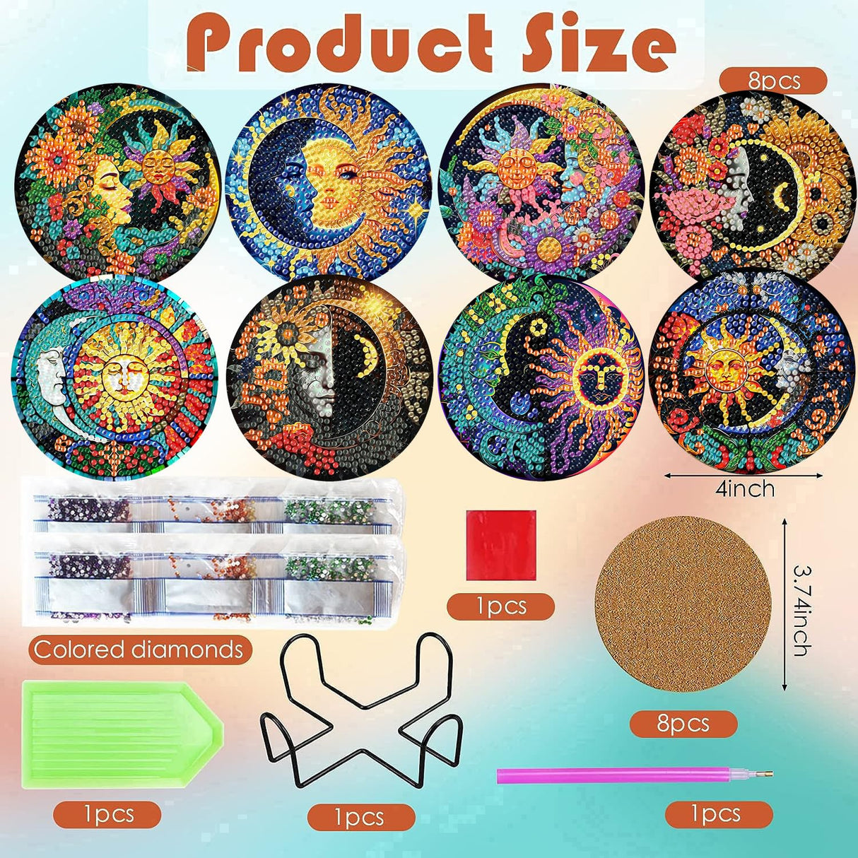 ijbnhd 8 Pcs Sun & Moon Diamond Art Coasters with Holder-DIY Sun & Moon Diamond Painting Coasters 5D Art Coaster with Cork Pads for Adults for Holiday Gift ijbnhd