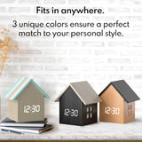 Driini Digital House Shaped Alarm Clock with Temperature Display (Stripe Wood) – Modern Aesthetic - Cute Cube Frame and White LED Dimmer - Perfect Large Desk Clock for Bedside Table or Bedroom Mantle Driini