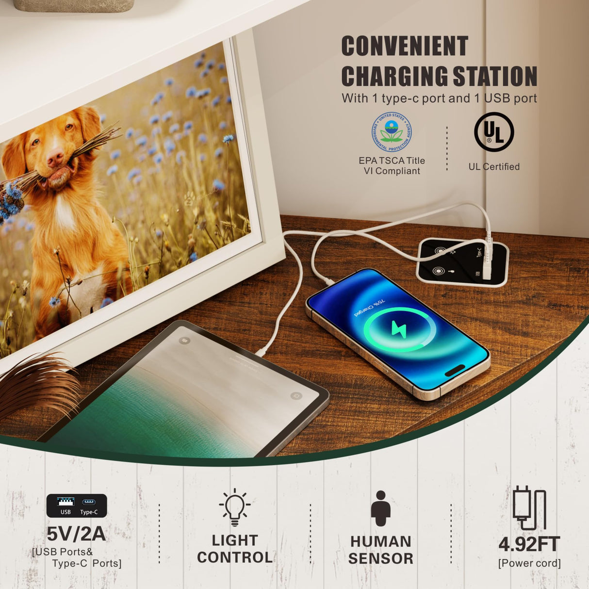 FREDEES Antique White Tall Corner Cabinet with LED Light - Rustic Farmhouse Storage Solution FREDEES