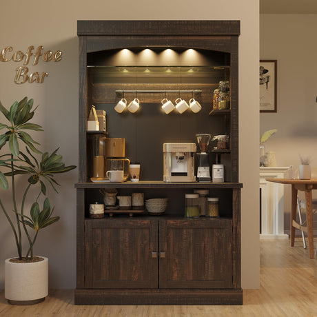 Garvee 72 in Pantry Cabinet, Farmhouse Coffee Bar Station with 3 Color LED Light and 5 S-Hook, Kitchen Hutch with Storage Rack, Rustic Cupboard for Living Room Dining Room Garvee